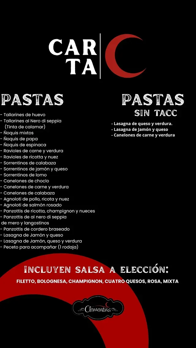 Carta: pastas y pastas sin TACC