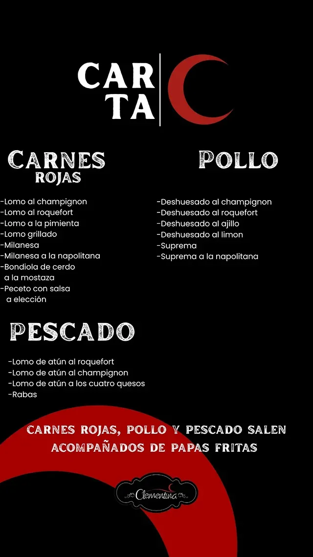 Carta: carnes rojas, pollo y pescado