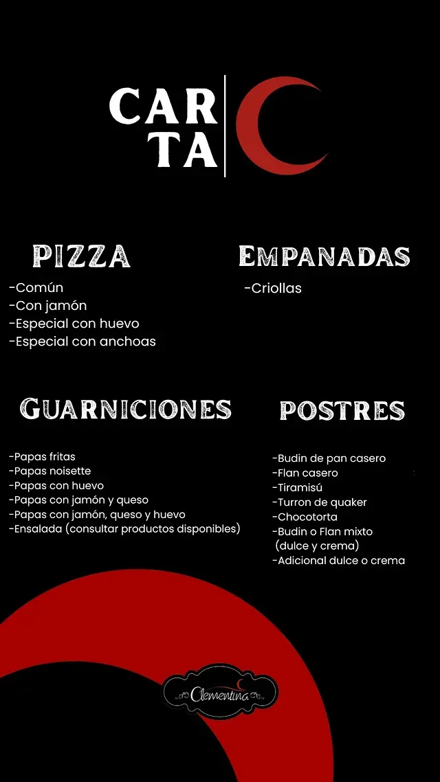 Carta: pizza, empanadas, guarniciones y postres